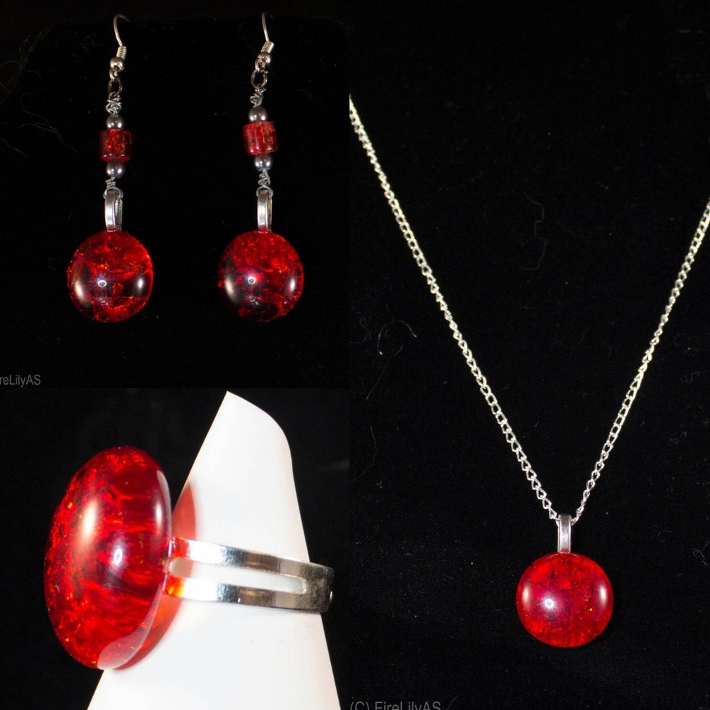 Red Crackle Glass Marble Cabochon Jewelry Set